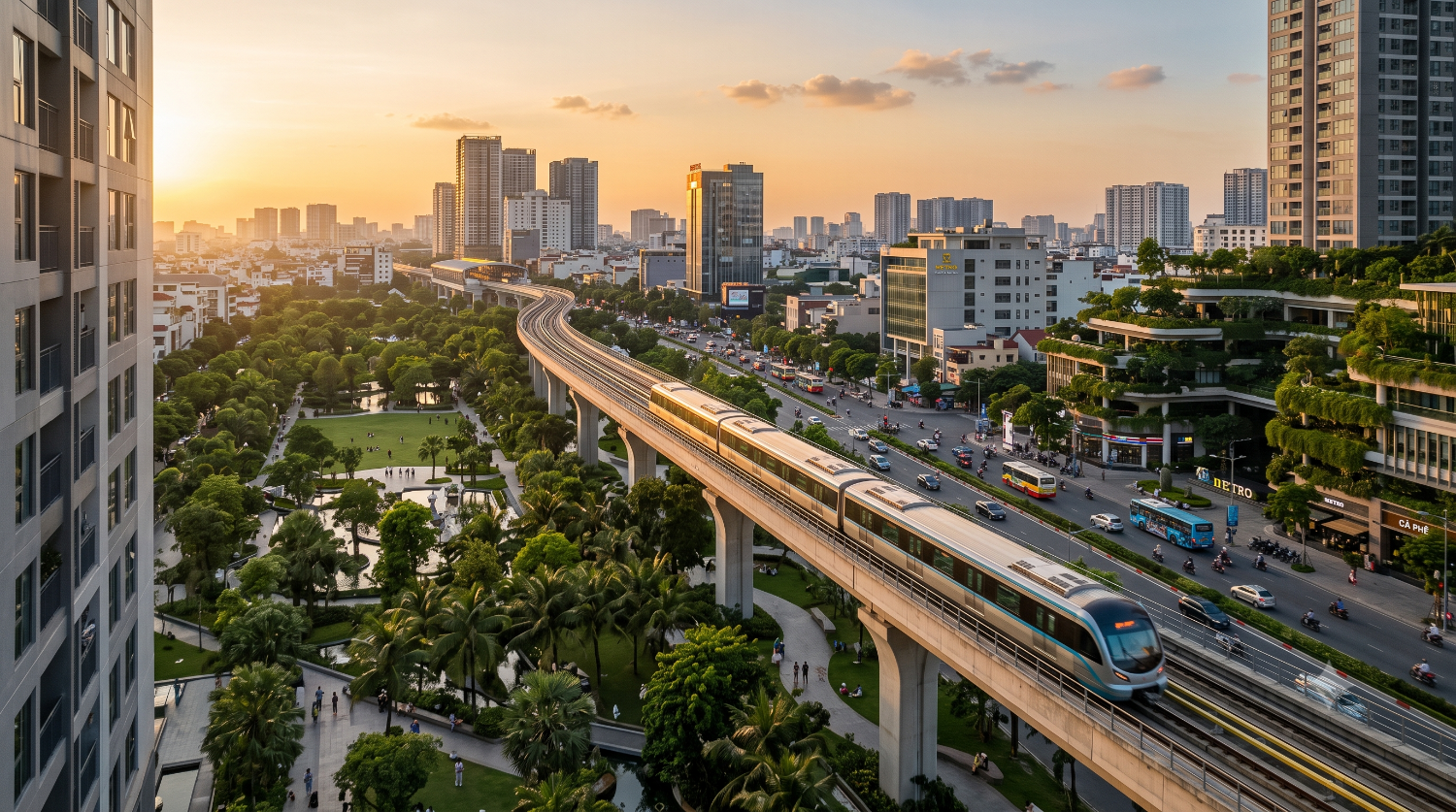 Phối cảnh tuyến đường sắt đô thị hiện đại kết nối các trung tâm công nghiệp – kinh tế vùng Đông Nam Bộ.